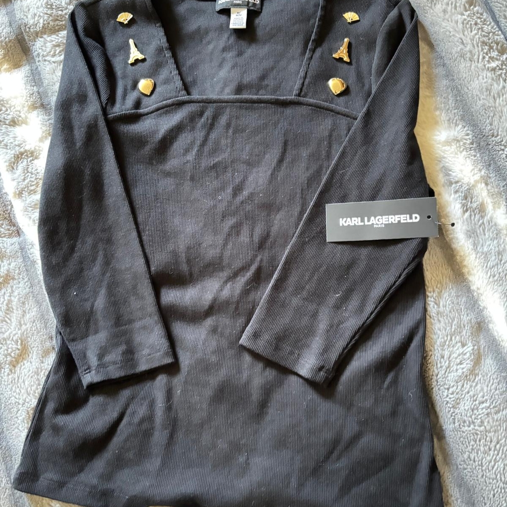 Karl Lagerfeld Black Long Sleeve Top with Gold Accents